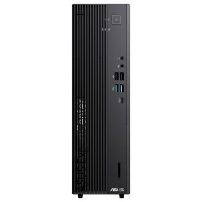 Schwarzer ASUS Mini-Tower-PC von vorne, mit mehreren USB-Anschlüssen, Audioanschlüssen und einem Netzschalter oben.