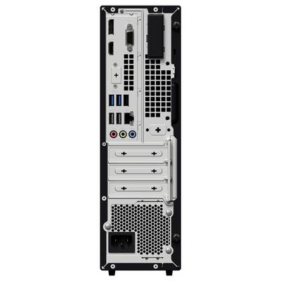 Rückseite eines Desktop-Computers mit verschiedenen Anschlüssen: HDMI, USB, Ethernet, Audio sowie Netzteilanschluss unten.