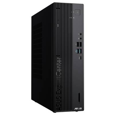 Ein schwarzer Desktop-PC mit vertikalen Lüftungsschlitzen an der Vorderseite, mehreren Anschlüssen und dem ASUS-Logo unten rechts.