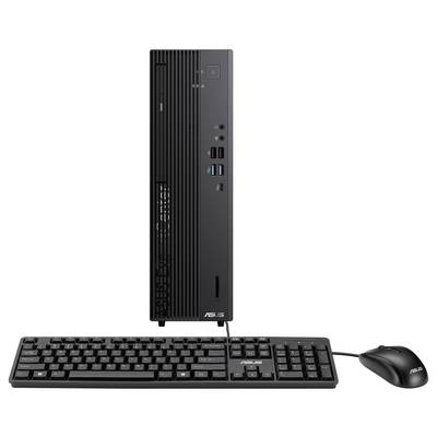 Schwarzer ASUS-Dektoptower im Hochformat steht hinter einer Tastatur, mit einer Maus daneben.