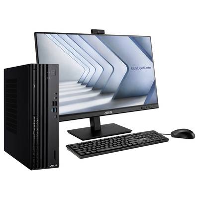 Ein schwarzer Desktop-PC neben einem Monitor mit der Aufschrift 'ASUS ExpertCenter', einer Tastatur und einer Maus auf weißem Hintergrund.