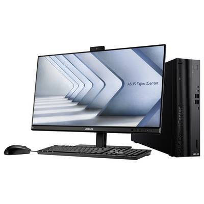 Computersetup bestehend aus Monitor mit dem Text 'ASUS ExpertCenter', Tastatur, Maus und Tower. Modernes, minimalistisches Design.