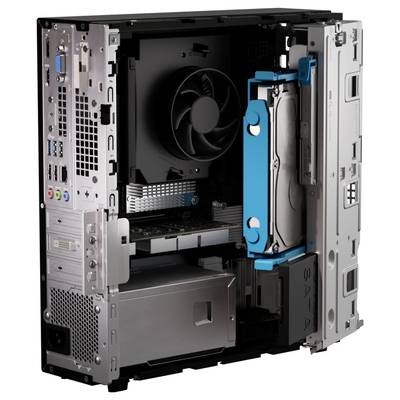 Geöffnetes Computergehäuse zeigt interne Komponenten wie Lüfter, Festplatte und Steckplätze, die für Hardware-Upgrades zugänglich sind.