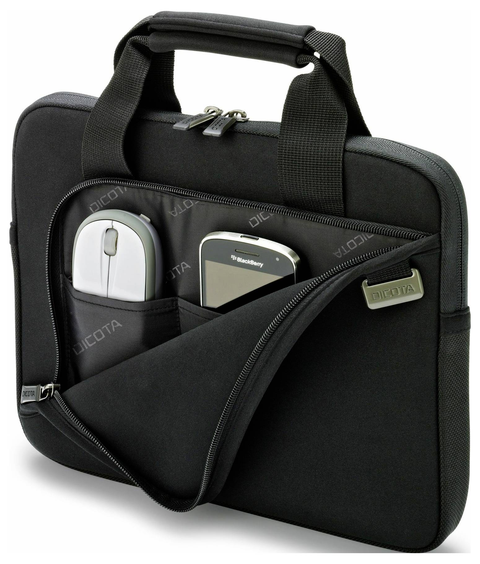 Schwarze Laptoptasche mit Tragegriff, zwei Vordertaschen mit einem weißen Mausgerät und einem Mobiltelefon.