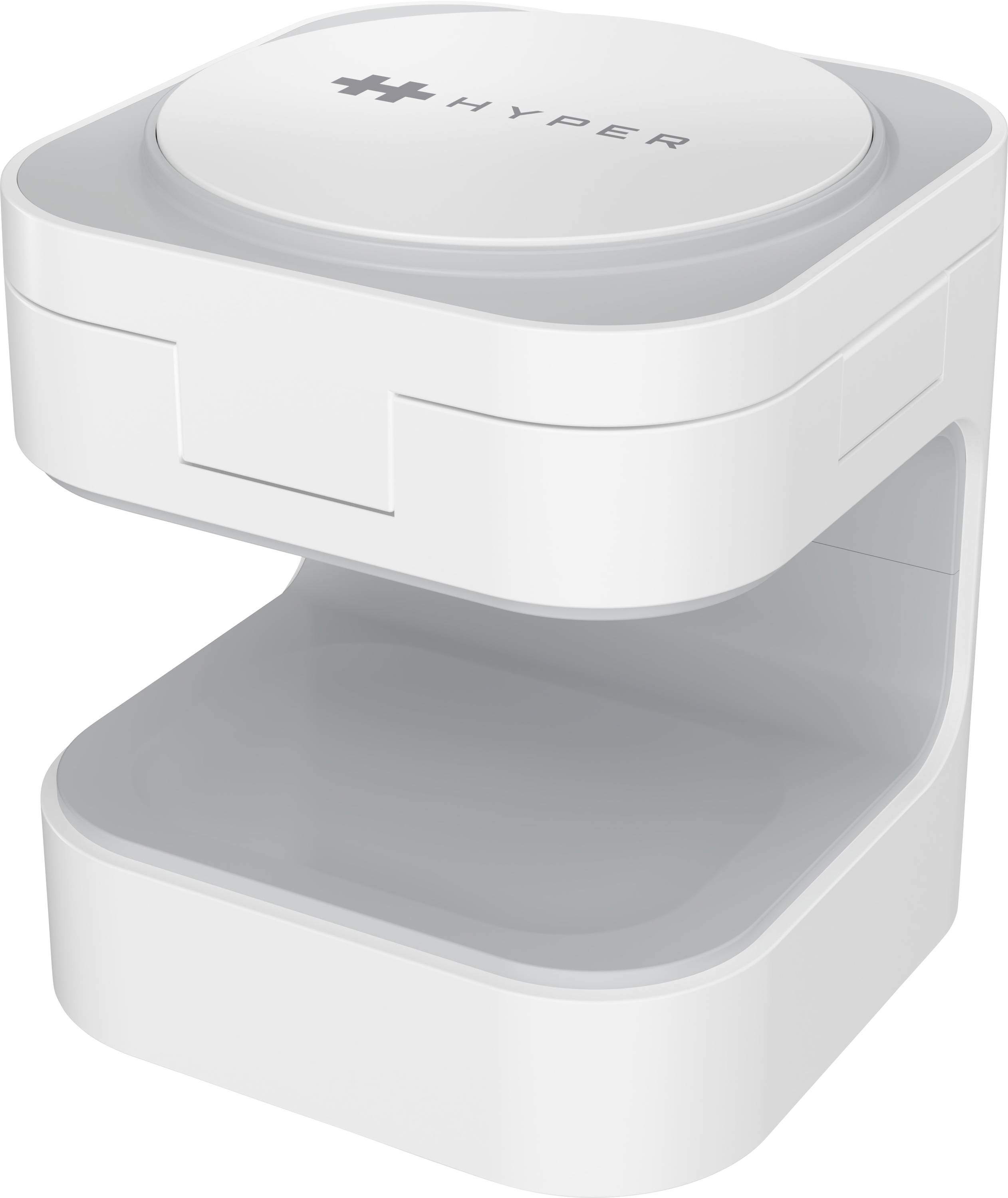 Ein weißes, modernes Gerät mit rundem Deckel, beschriftet mit 'HYPER', und einer offenen Ablagefläche darunter. Designt für den Heimgebrauch.