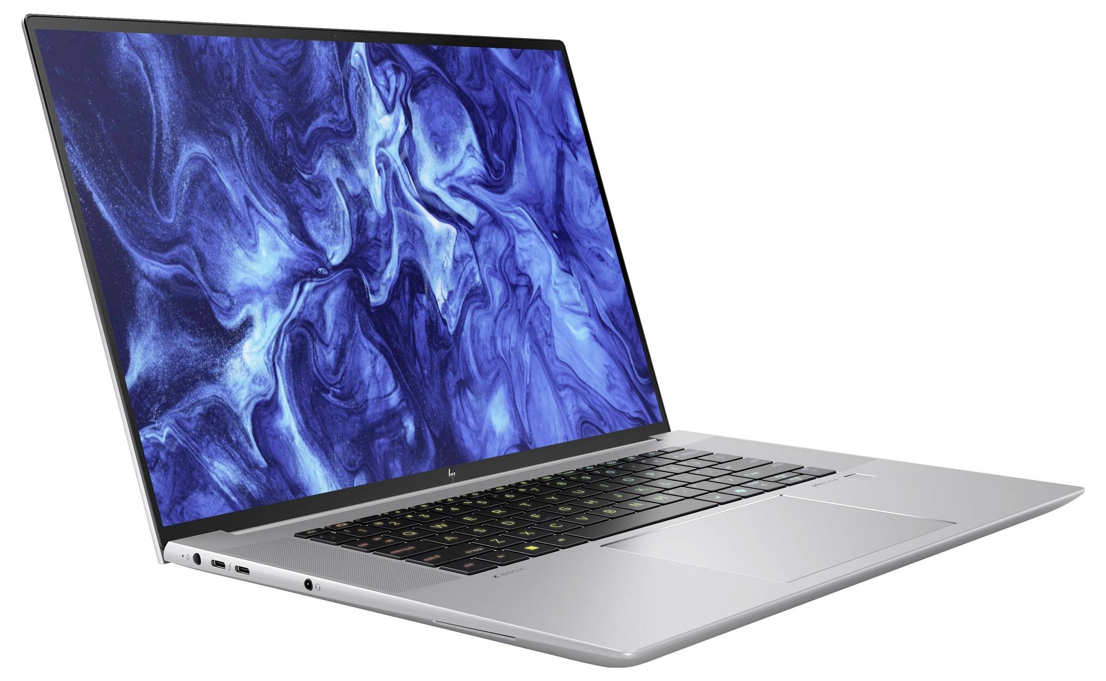 Silberner Laptop mit blauem, abstraktem Hintergrund auf dem Bildschirm, seitlich gesehen. Flaches, modernes Design.