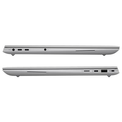 Ansicht eines aufgeschlossenen Laptops von der Seite, um Anschlüsse zu zeigen. Oben: USB-C-, Kopfhörer- und Ladeanschluss. Unten: USB-, HDMI- und Ethernet-Anschluss.