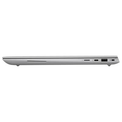 Seitenansicht eines schlanken Laptops mit Anschlüssen: USB, HDMI, Ethernet und Kartenleser. Kompakt und modern designt.