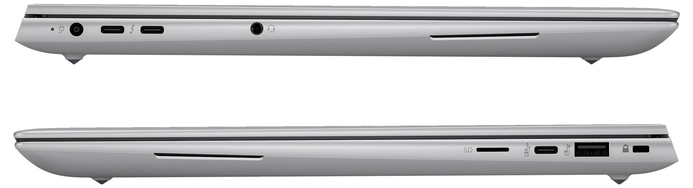 'Seitenansichten eines Laptops mit mehreren Anschlüssen wie USB, Kopfhörerbuchse und HDMI. Ober- und Unterkante des Laptops sichtbar.'