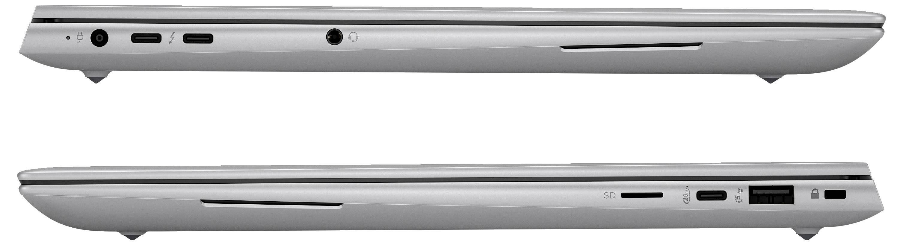 Zwei Laptops in Seitenansicht: Oben mit USB-C- und Audiobuchsen, unten mit SD-Kartensteckplatz und USB-Anschlüssen.