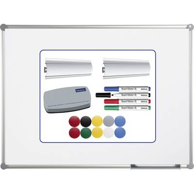 Whiteboard mit Ablageschale, Radierer, vier Magneten und vier farbigen Markern. Ideal für Präsentationen und Notizen.
