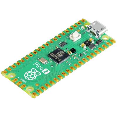 Grüne Mikrocontroller-Platine mit Chip 'RP2040', USB-Anschluss und mehreren gelben Lötpunkten. Logo einer Himbeere und Text 'Pico' sichtbar.