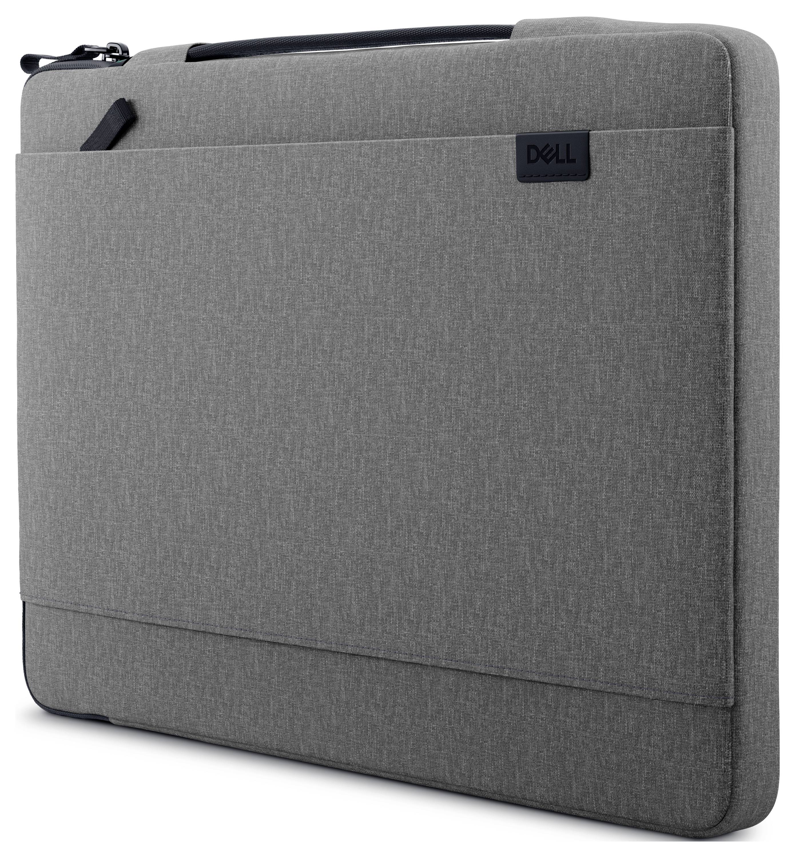 Graues Laptop-Etui mit Reißverschluss und Dell-Logo. Designed für Schutz und Transport von Laptops.