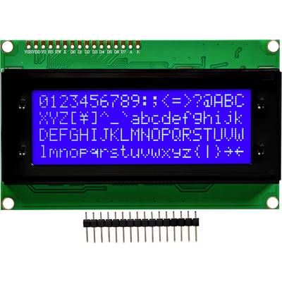 Blaues LCD-Display mit weißer Schrift zeigt alphanumerische Zeichen: Zahlen, Buchstaben in Groß- und Kleinschreibung, Sonderzeichen.