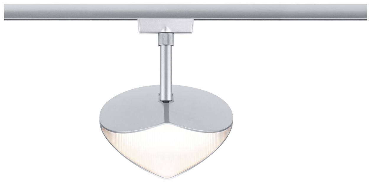 Deckenstrahler in modernem Design, silberfarben, mit herzförmigem Lampenschirm aus Metall und Kunststoff.