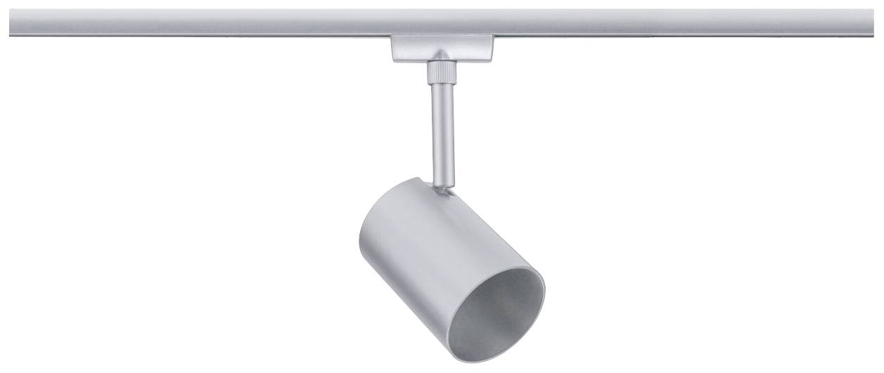Silberner, zylindrischer LED-Strahler an einer Schiene montiert, kann zur Akzentbeleuchtung in Innenräumen genutzt werden.