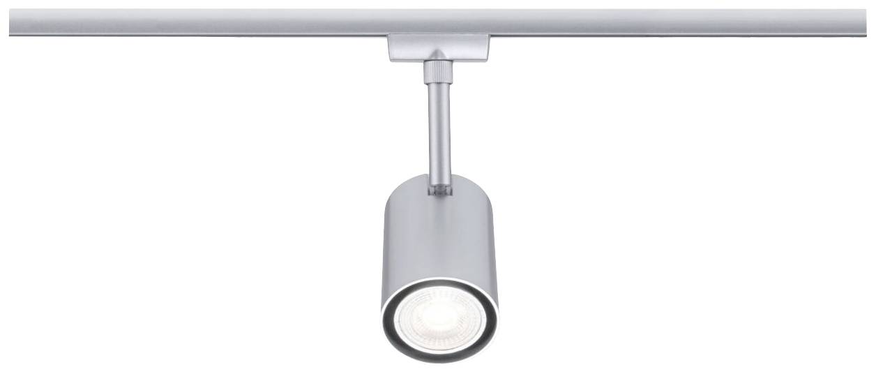 Eine silberne Deckenleuchte mit zylindrischem Lampengehäuse, die an einer Schiene befestigt ist.