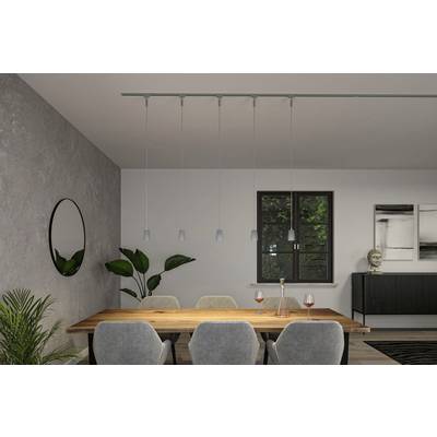 Esszimmer mit einem Holztisch, umgeben von grauen Stühlen, einer modernen Hängelampe oben und Pflanzen an den Wänden.