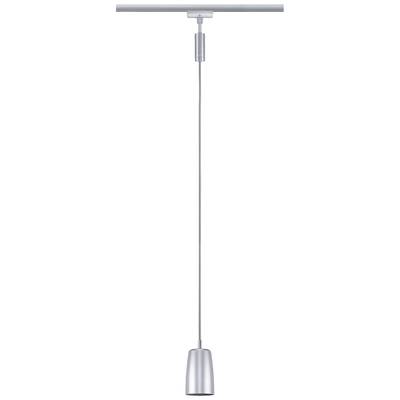 Metallische Pendelleuchte mit schlankem, zylindrischem Lampenschirm an einem langen Kabel, hängt von einer geraden Schiene.