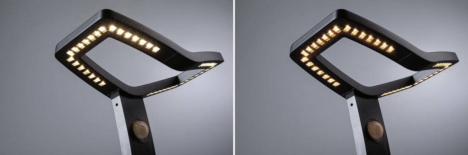 Zwei moderne LED-Straßenlaternen mit schwenkbarem Kopf und rechteckigem Design, leuchtend auf grauem Hintergrund.