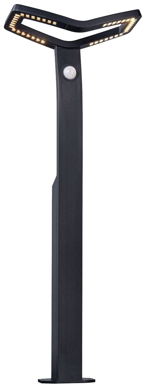 Eine moderne schwarze Außenleuchte mit einem beweglichen, gewölbten Kopf und integriertem Bewegungsmelder. Ideal für Gartenwege.