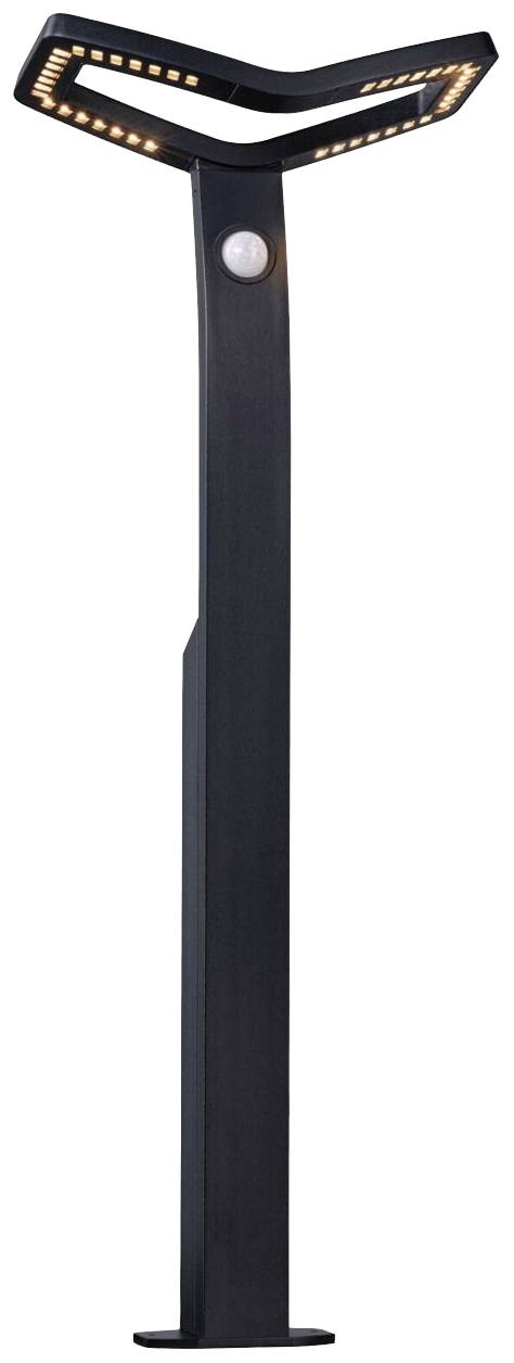 Moderne, schwarze Stehlampe mit gebogenem Lichtkranz und eingebautem Bewegungssensor, ideal für Garten- oder Außenbereich.