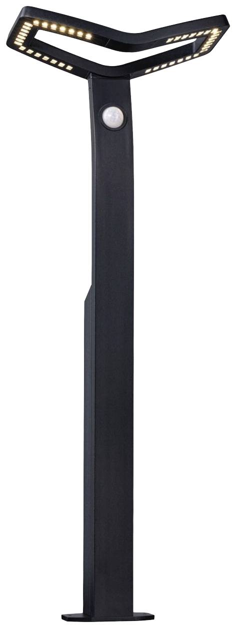 Eine moderne, schwarze Stehlampe mit LED-Lichtern an einem Y-förmigen Rahmen.