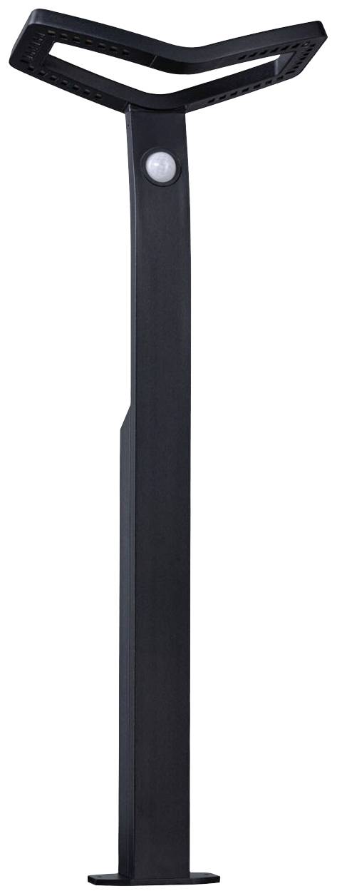 Eine schwarze, moderne Gartenlampe mit Bewegungssensor, geeignet für Außenbeleuchtung.