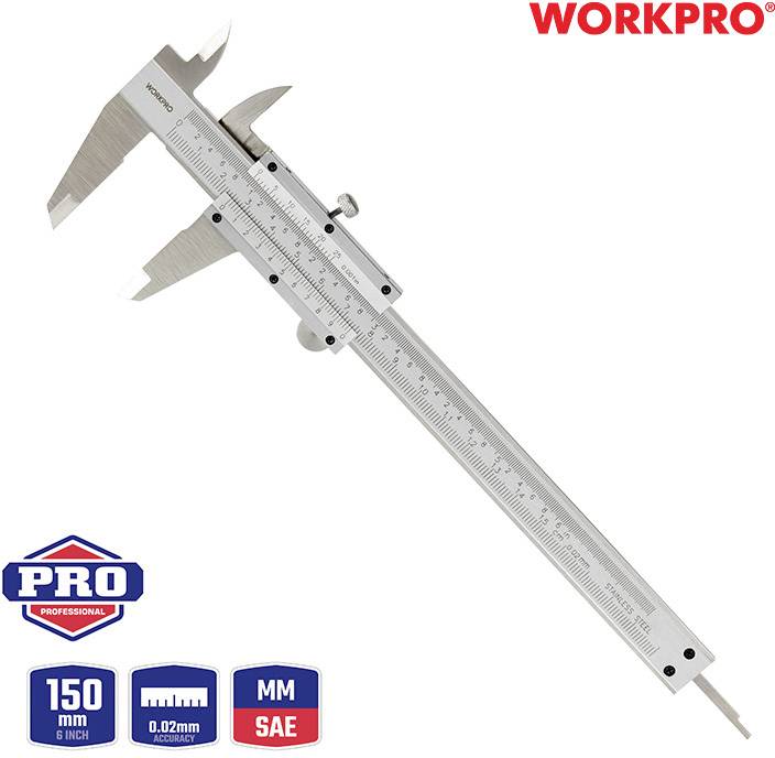 Digitaler Messschieber mit 150 mm Skala und 0,02 mm Genauigkeit, Marke 'WORKPRO', für präzise Messungen in SAE und MM.