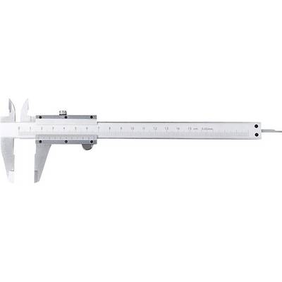 Ein digitaler Schieber zur präzisen Messung in Millimetern und Zoll, gezeigt auf einer Skala von 0 bis 150 mm.