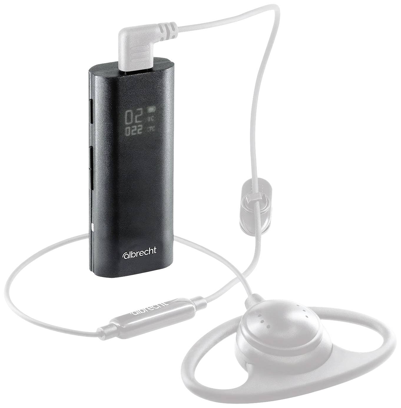 Tragbares Hörsystem mit Ohrhörer und integriertem Display zeigt Batteriestatus. Verbunden über Kabel, kompakt und leicht.