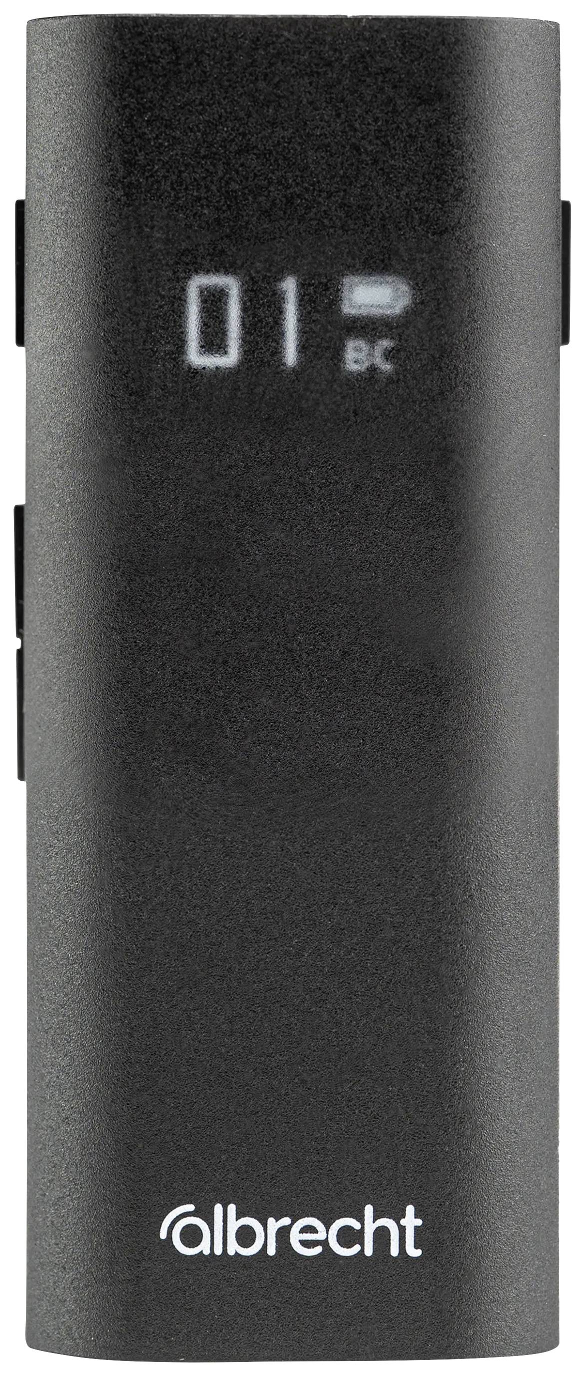 Ein schwarzes, tragbares Albrecht-Gerät zeigt die Anzeige '01' für Kanal oder Signalstärke auf einem kleinen digitalen Bildschirm an.