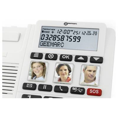 Telefon mit großem Display zeigt '12:00 25/12'. Darunter Tasten mit Bildern von drei Personen und roten 'SOS'-Knopf rechts.