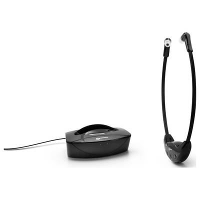 Headset mit Empfänger und Basisstation in schwarzer Farbe, genutzt für drahtlosen Audiogenuss, auf weißem Hintergrund.
