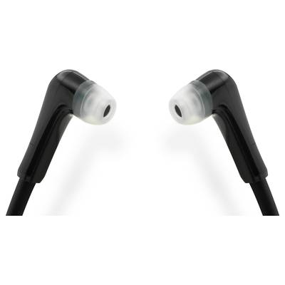 Zwei schwarze In-Ear-Kopfhörer mit weißen Silikon-Ohrstöpseln, die gegenüberliegend positioniert sind.