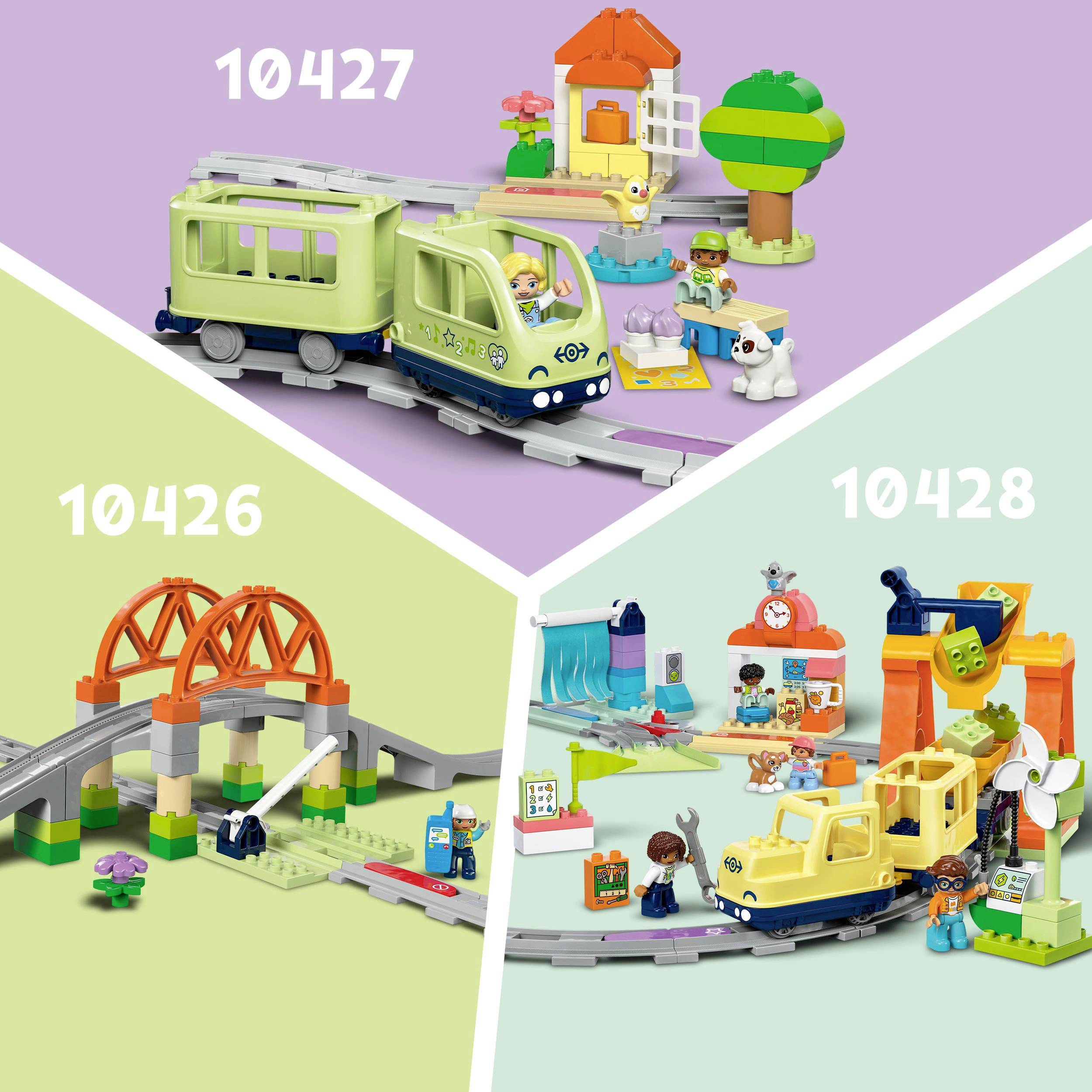 Das Bild zeigt drei LEGO-Spielsets: 10427 mit einem Bus und Figuren, 10426 mit einer Brücke und einer Lokomotive, 10428 mit einem Boot und einem Rettungsszenario.