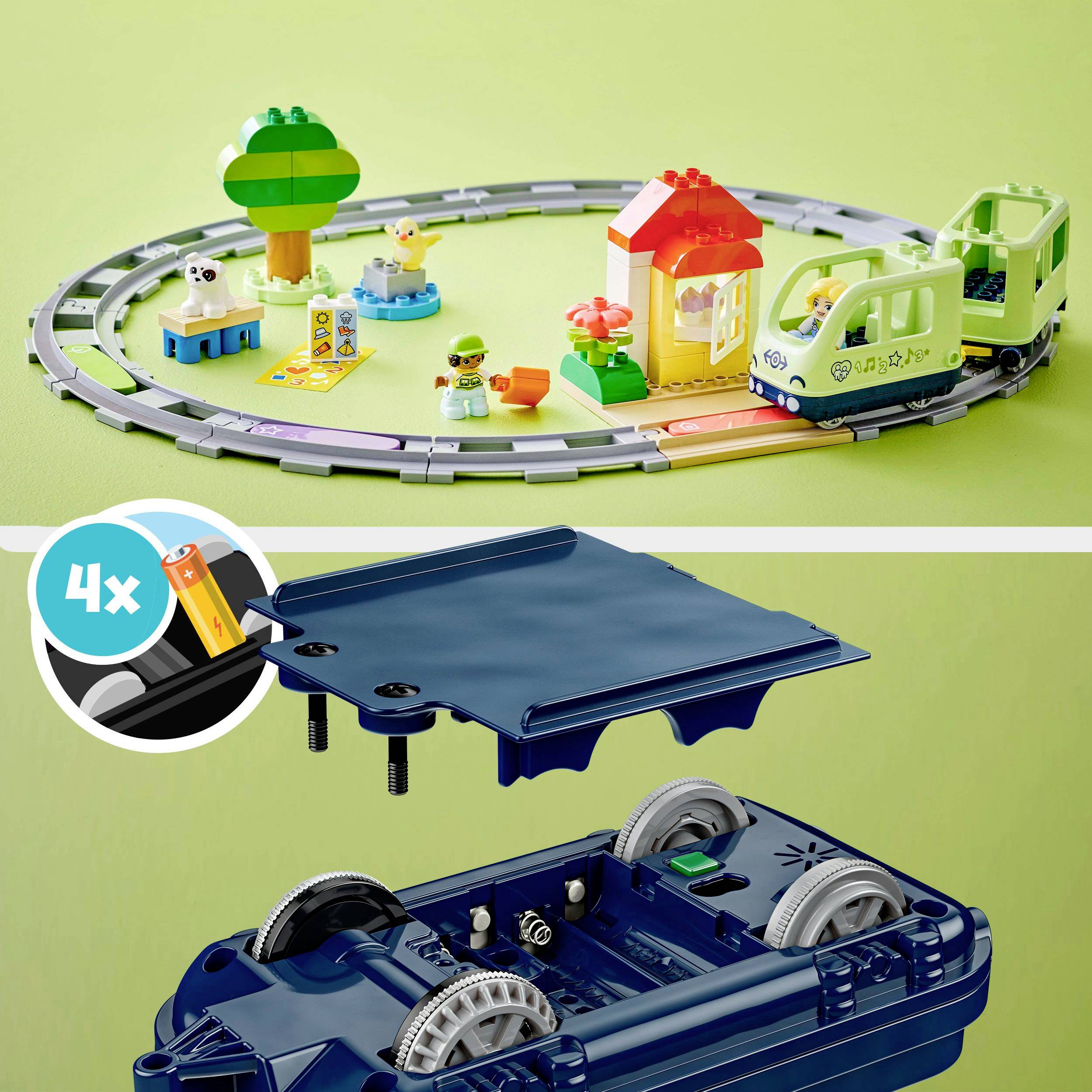 Spielzeugeisenbahn-Set mit Schienen, bunter Lokomotive, Tieren und Zubehör. Zeigt ein Set für kreatives und spielerisches Lernen.