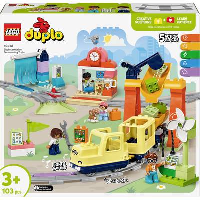 Deckel eines LEGO-Duplo-Sets mit Zug-Thema, voller Lokomotiven, Figuren und Zubehör, geeignet für Kinder ab 3 Jahren zur Förderung kreativen Spielens.