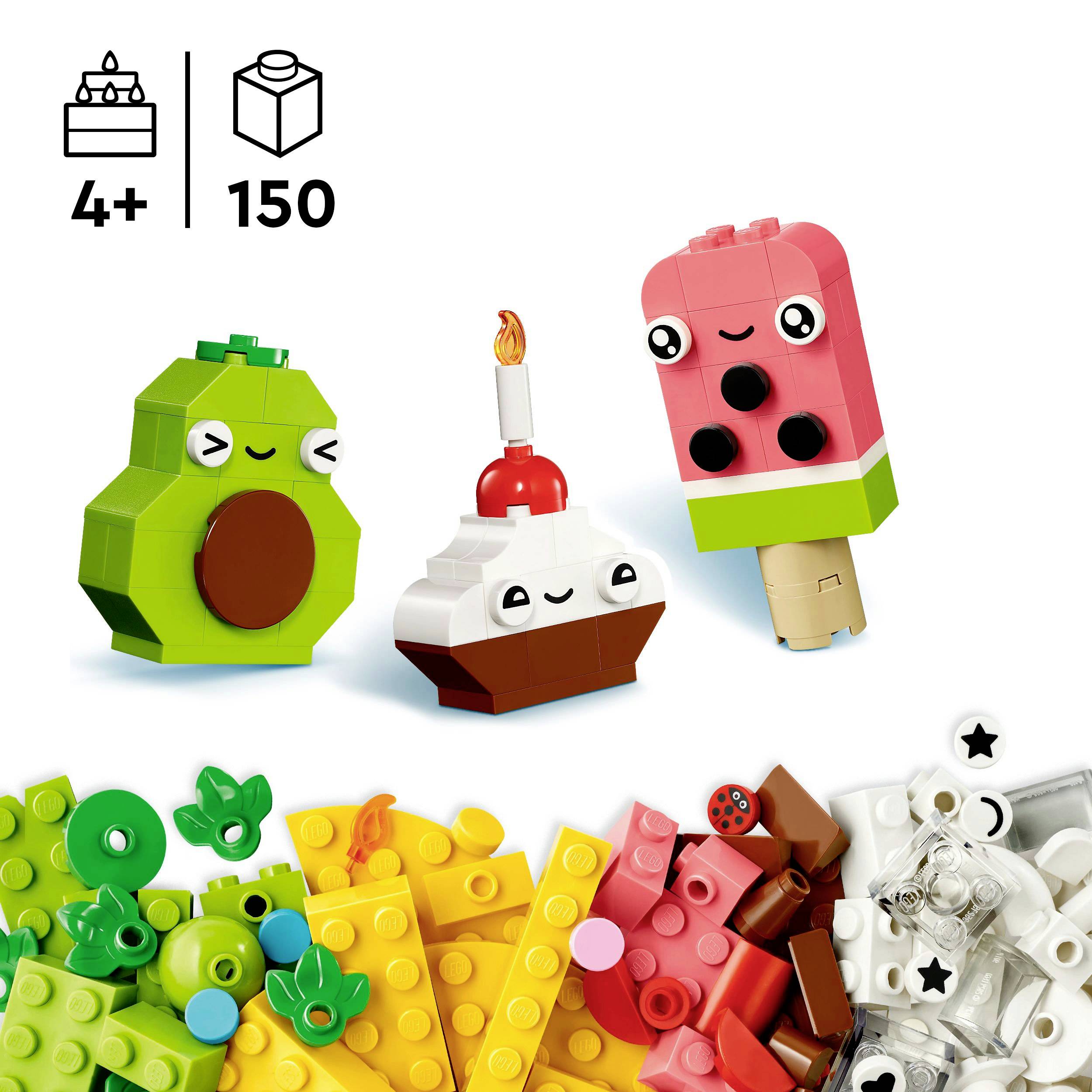 Ein Baukastenset für Kinder ab 4 Jahren mit über 150 Teilen, darunter eine Eiscreme, eine Wassermelone und eine Schildkröte aus Bausteinen.