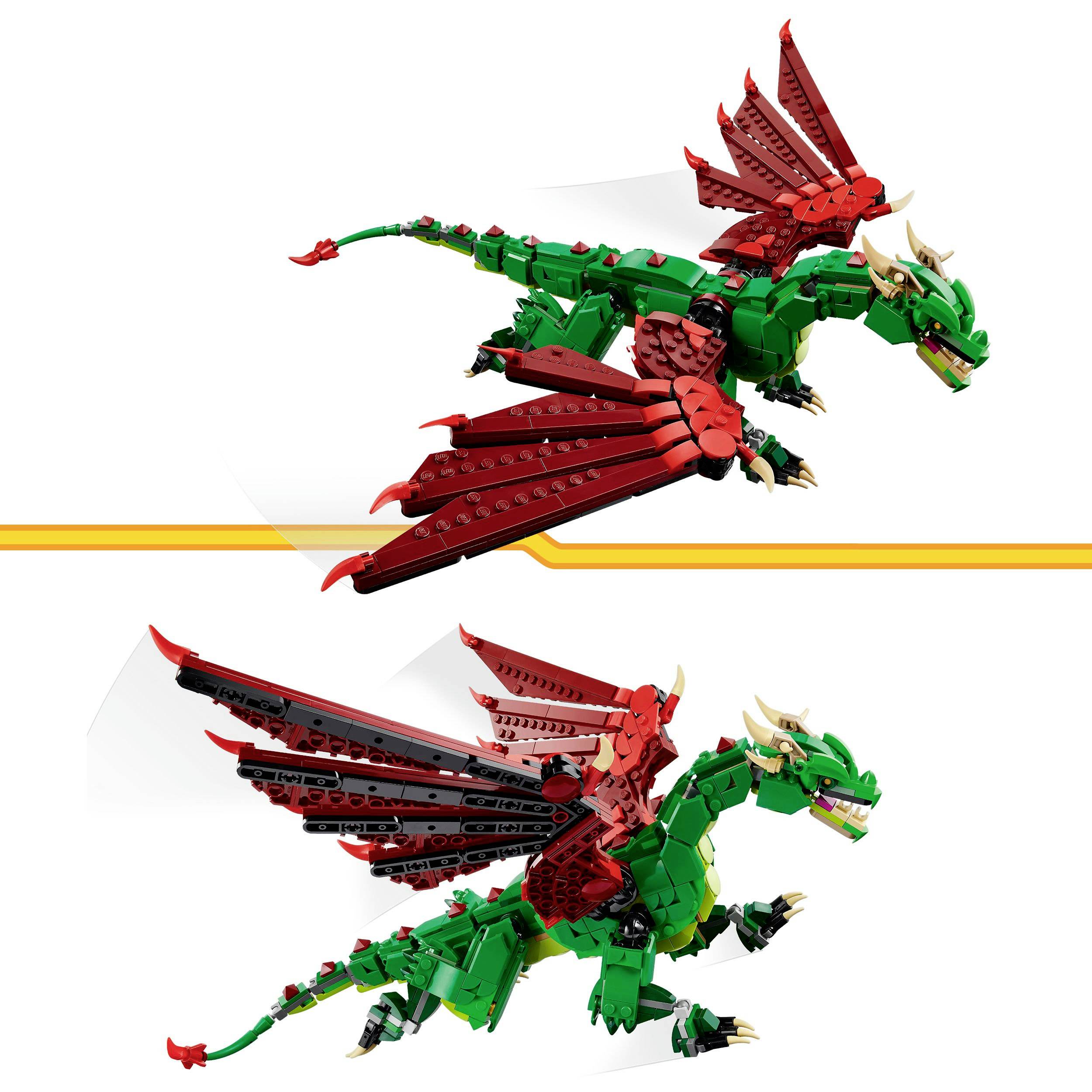 Zwei Bilder eines grünen und roten Drachen-Mockups aus Bauklötzen. Oberes Bild zeigt den Drachen mit angelegten Flügeln, unteres mit ausgebreiteten Flügeln.