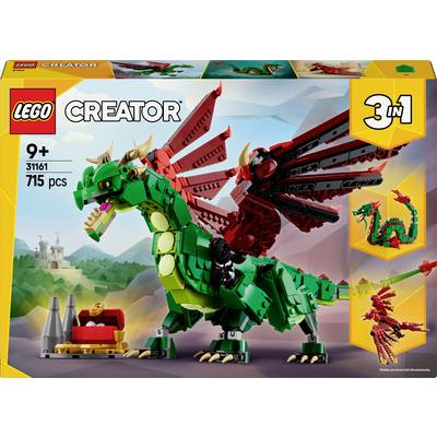 'LEGO Creator 3-in-1 Set 31161: Drache mit 715 Teilen, geeignet für Kinder ab 9 Jahren. Bild zeigt drei unterschiedliche Drachenmodelle.'