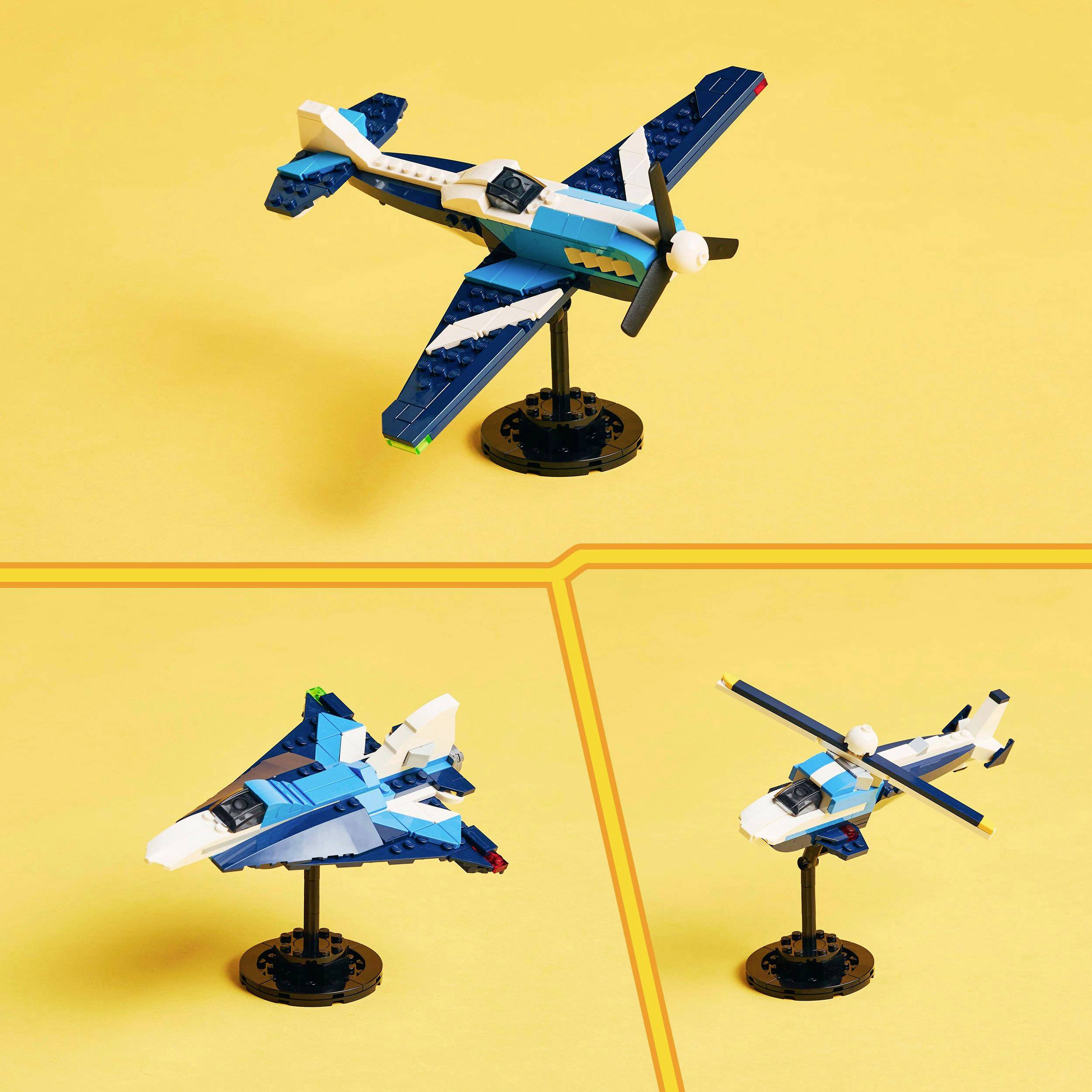 Drei kleine Modellflugzeuge aus Bausteinen: zwei fliegen von oben nach unten, eines von rechts nach links; gelber Hintergrund.