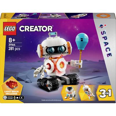 'LEGO Creator Set 31164: Roboter auf Planetenoberfläche hält blauen Ballon. Für Kinder ab 8 Jahren. Enthält 281 Teile, inkl. Leuchtstein.'