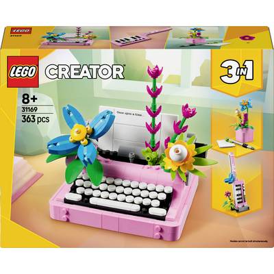 LEGO Creator 3-in-1 Set mit einer rosafarbenen Schreibmaschine, dekoriert mit Blumen, empfohlen ab 8 Jahren, 363 Teile.