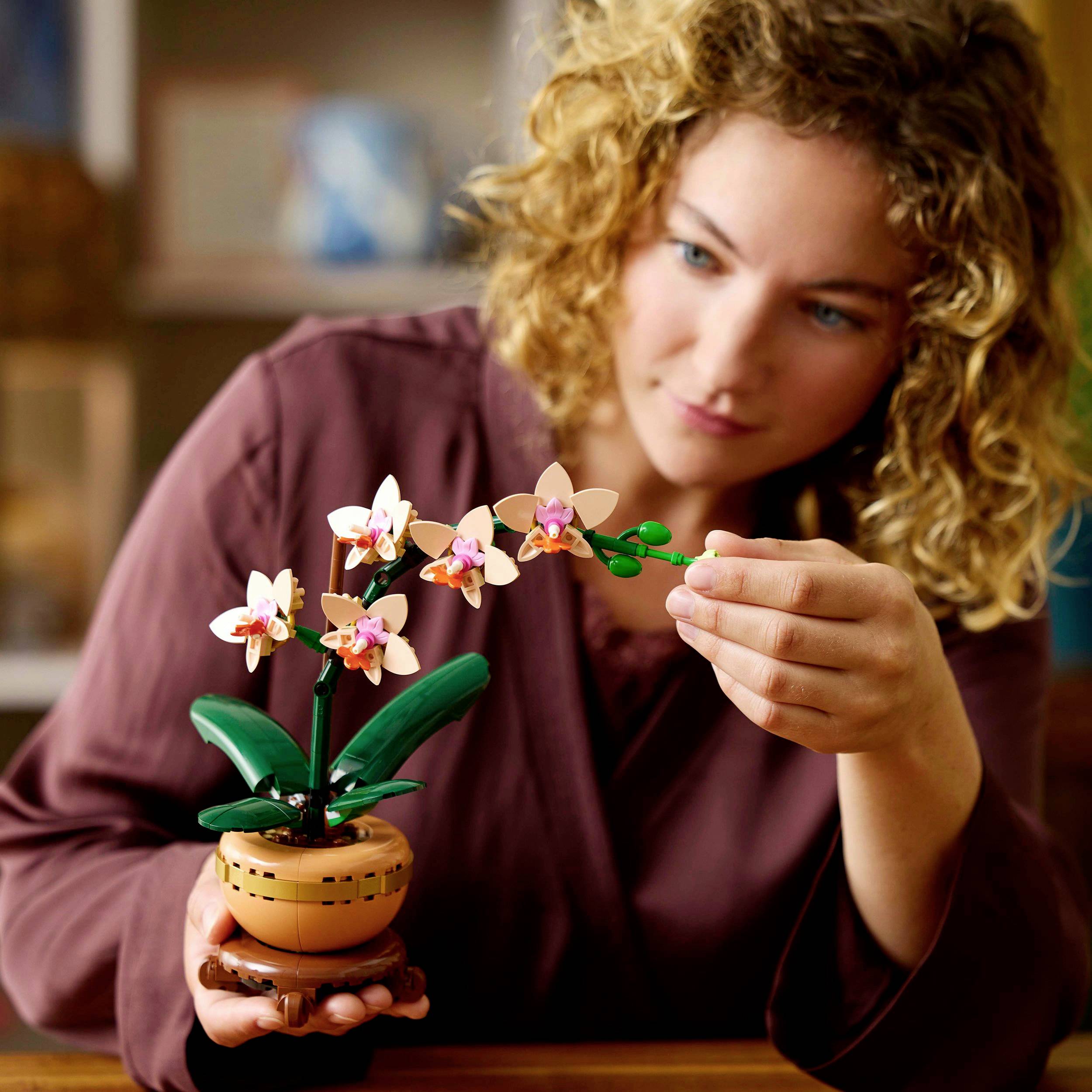 Eine Frau betrachtet eine gebaute Orchideen-Blume aus Bausteinen in einem Blumentopf.