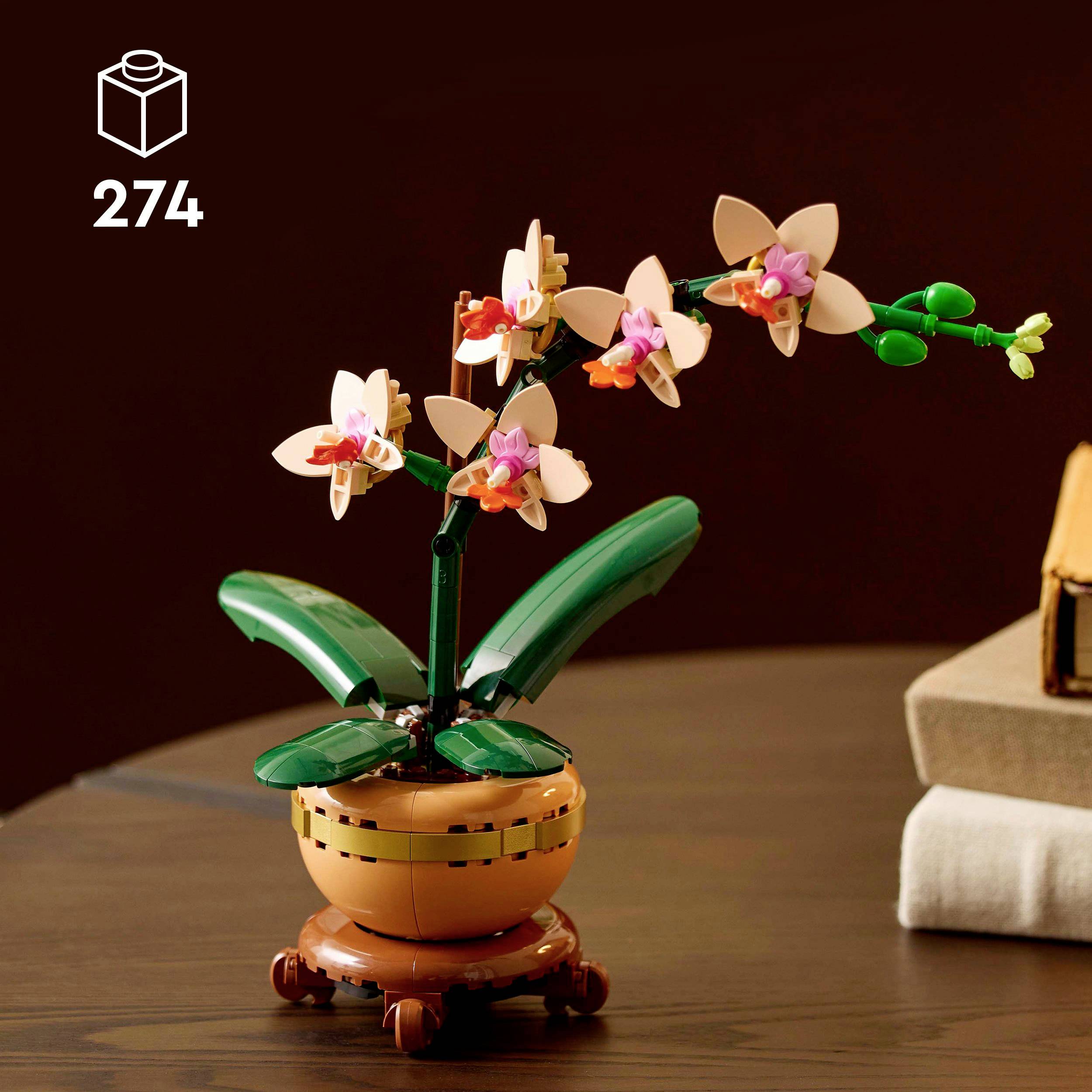 LEGO Modell eines Blumenarrangements mit Orchideen und grünem Blatt, präsentiert auf einem Tisch, Set-Nummer oben links.