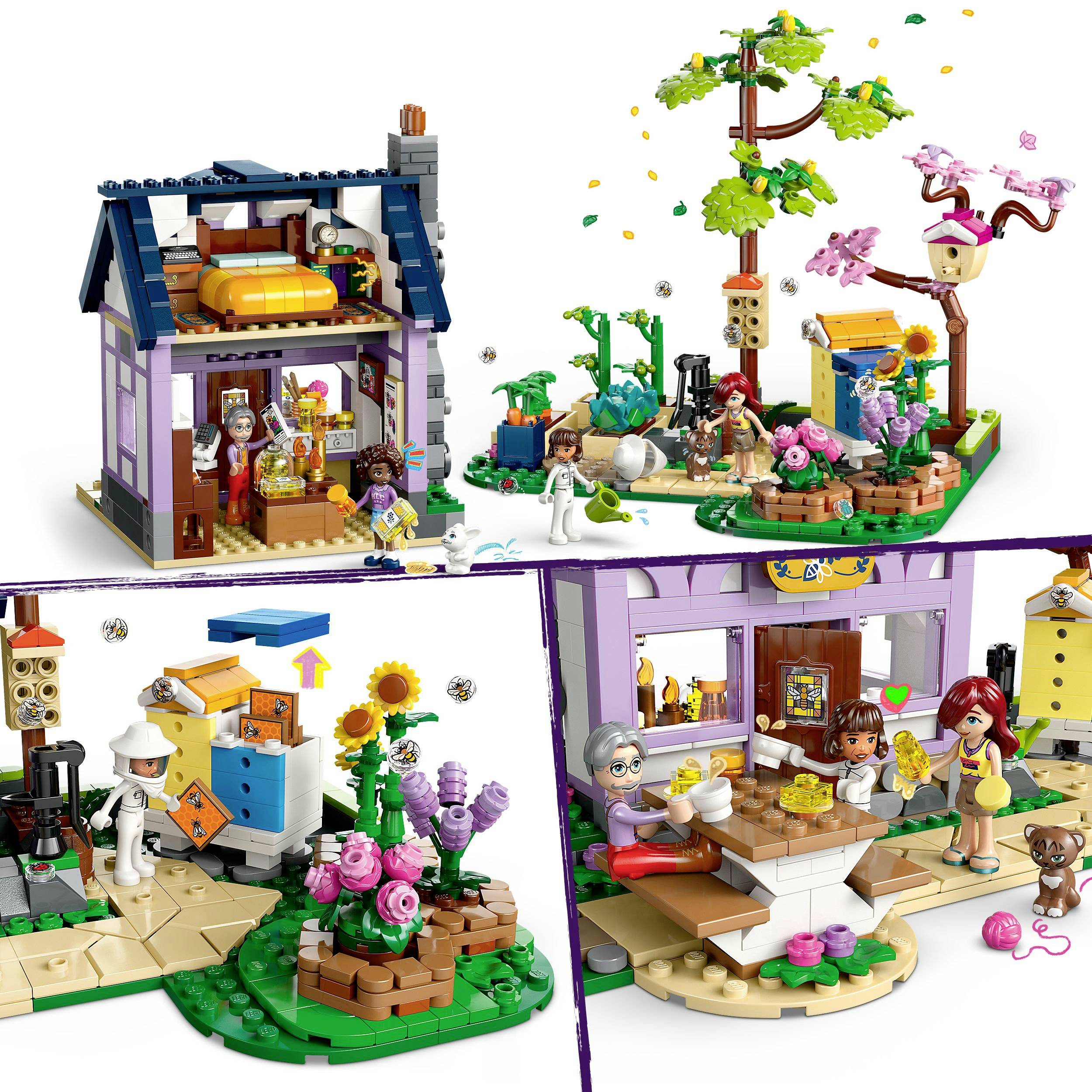 Ein LEGO-Spielset zeigt ein buntes zweistöckiges Haus mit Garten, Figuren beim Teetrinken und Spielen, und detailreichen Accessoires.