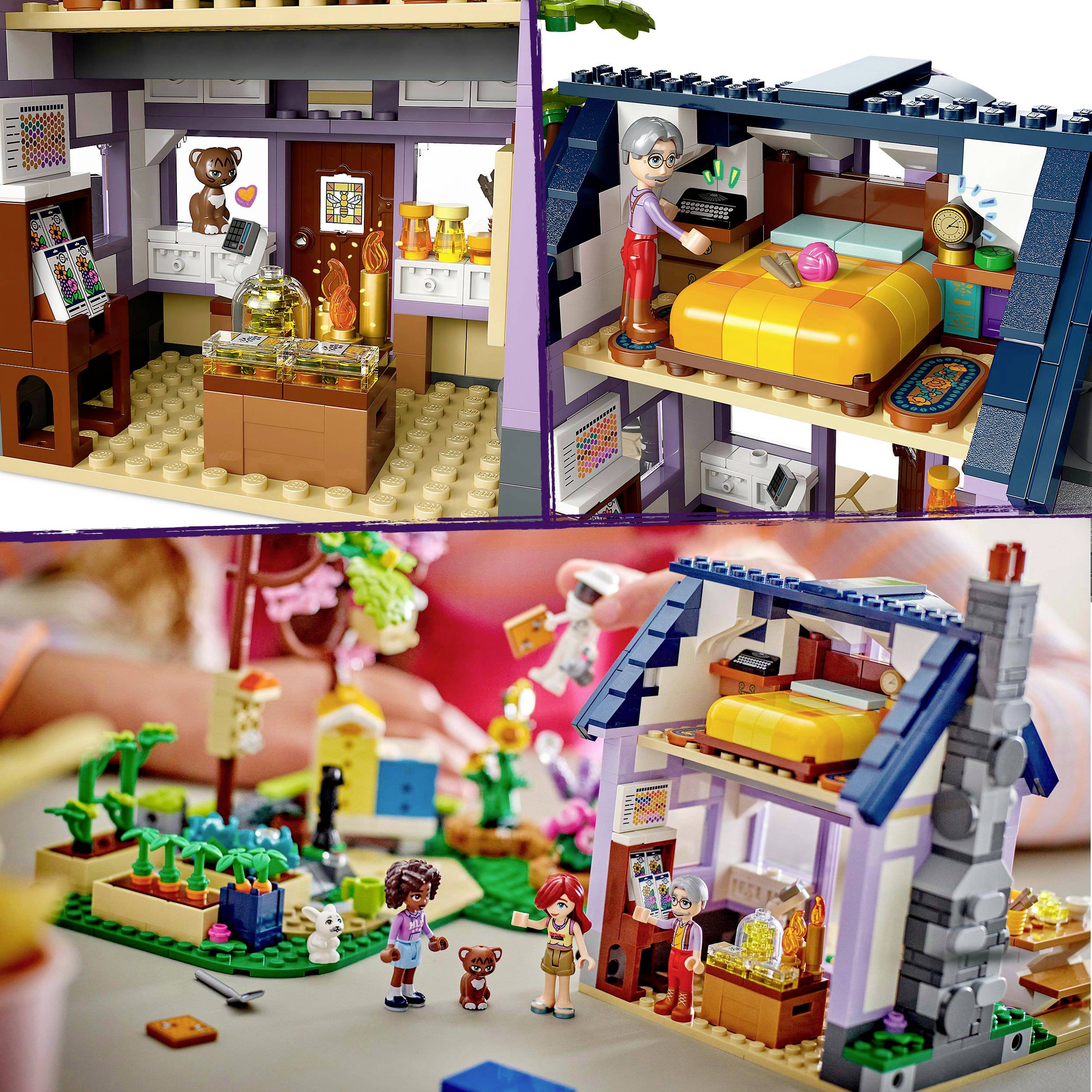 Eine LEGO-Spielszene zeigt ein Haus mit Bastelzimmer, Schlafzimmer und Kinderfiguren. Garten mit Tieren im Vordergrund.