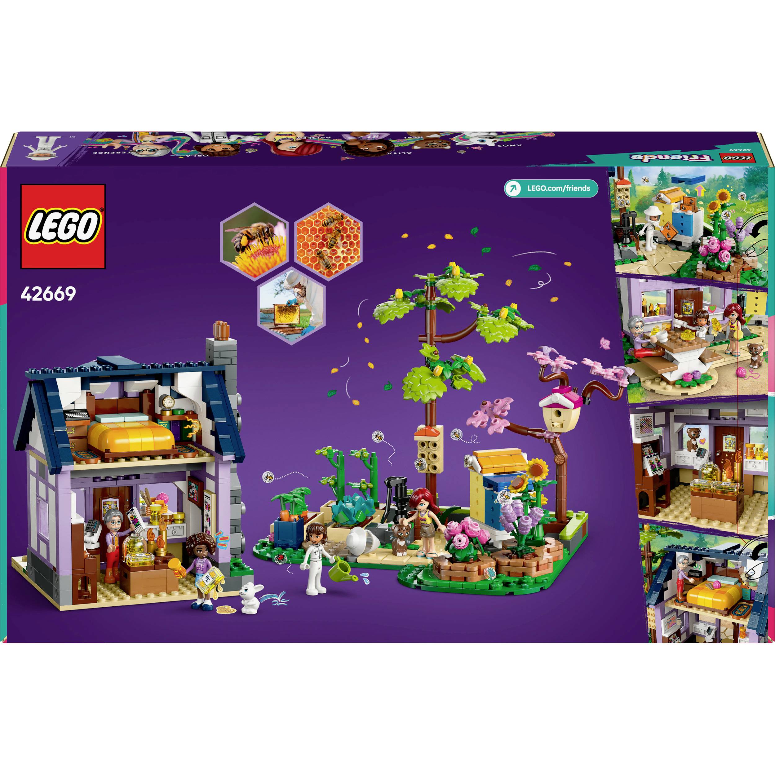 'LEGO 42669 Friends' Set. Zeigt ein Haus mit Pflanzen, zwei Spielfiguren und Tieren. Rückseite der Verpackung mit Spielszenen.