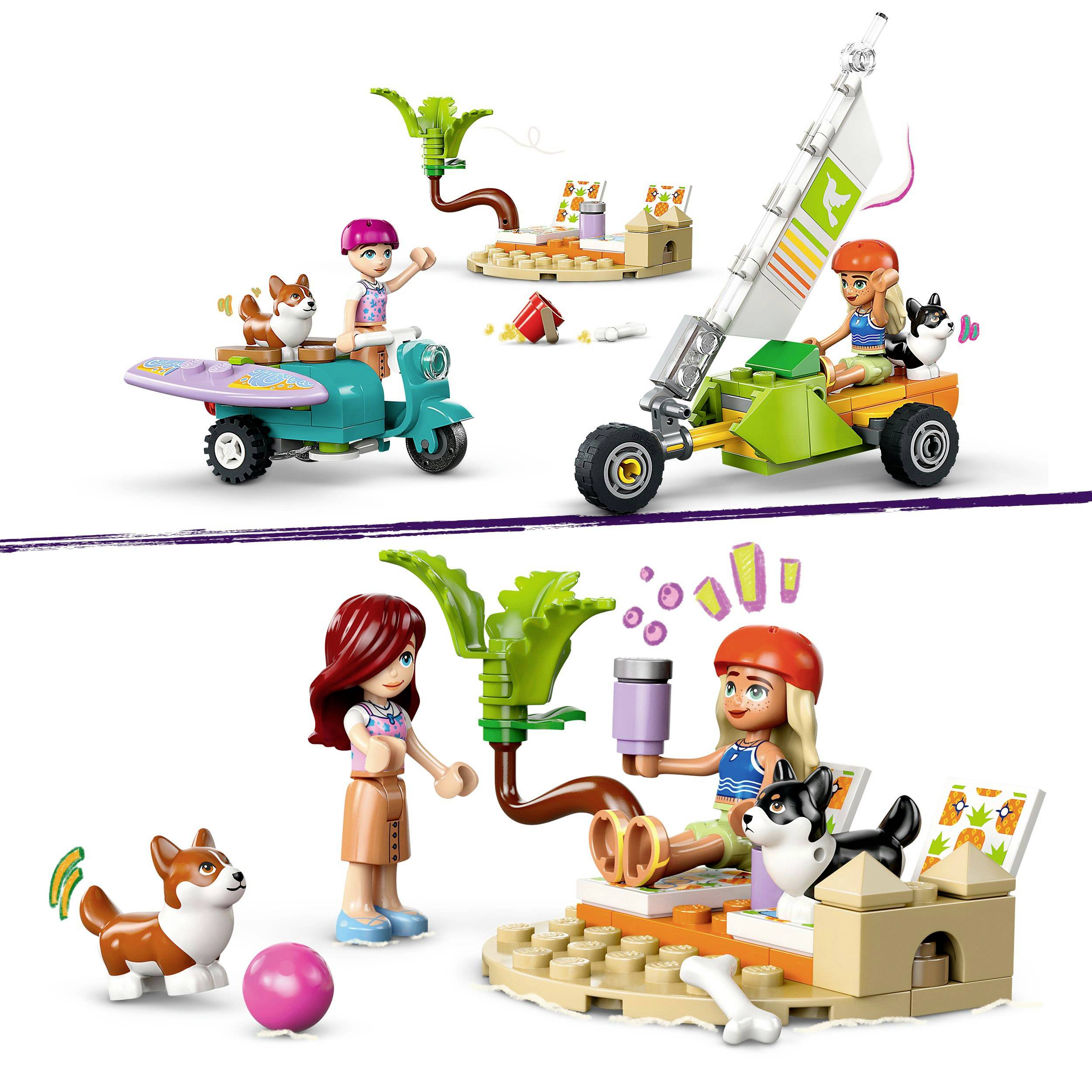 Lego-Spielszene mit Figuren: Oben fahren zwei Kinder auf Fahrzeugen. Unten spielen Kinder und ein Hund am Strand mit Palmen und Ball.